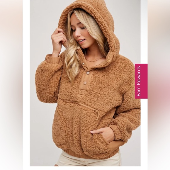 Bluivy Tan Teddy Sherpa Half Button Hooded Jacket - Picture 2 of 10